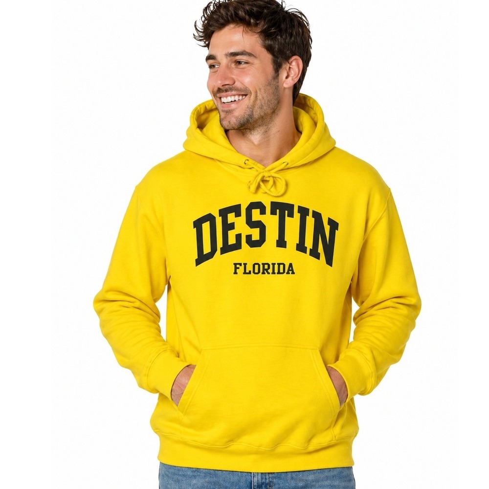 Pacific & Co Hoodie Mens Small Yellow Destin Florida Graphic Pullover Sweatshirt